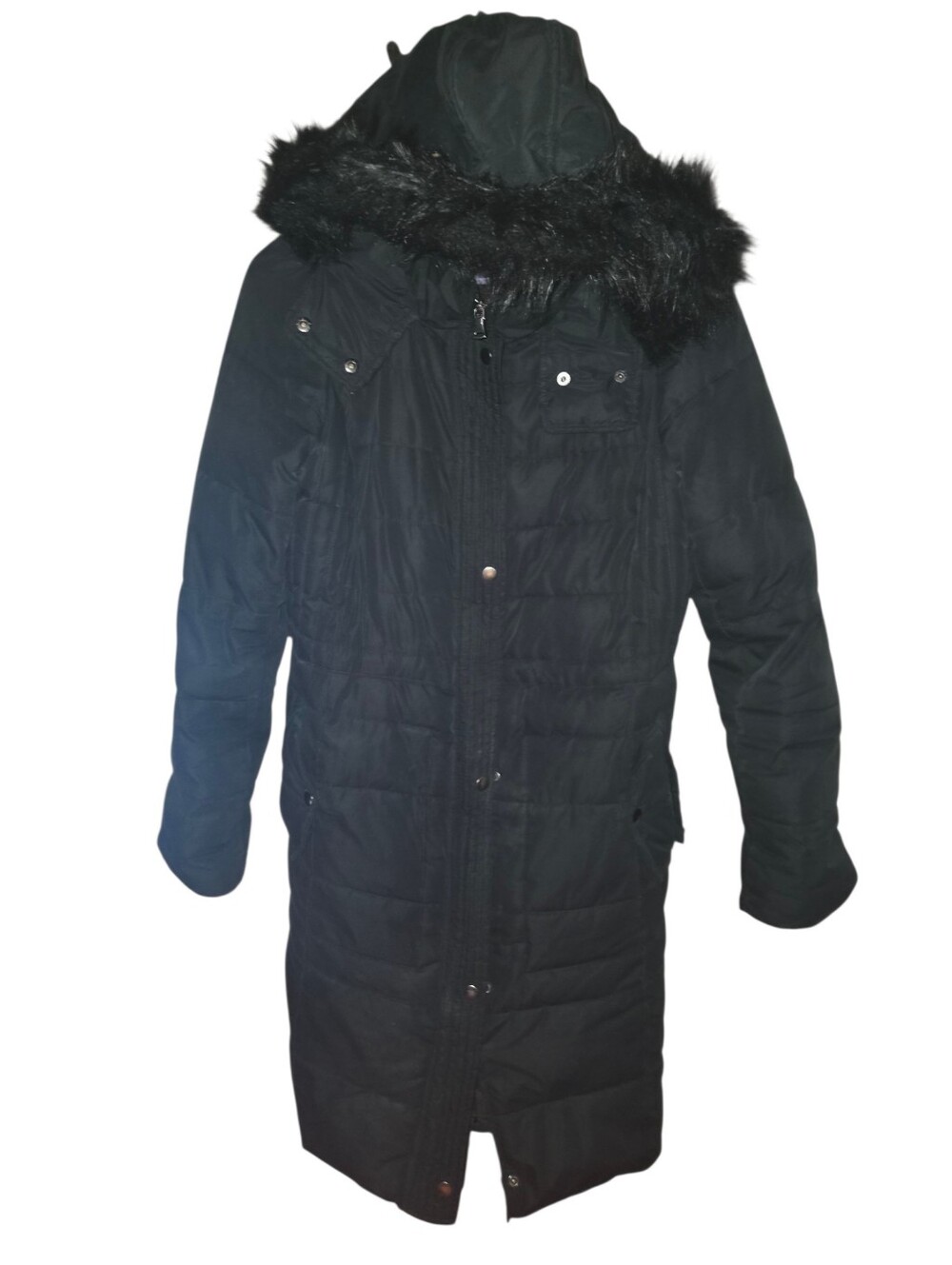 6/7/37. Merona Womens Black Quilted Long Puffer Coat with Faux Fur Hood